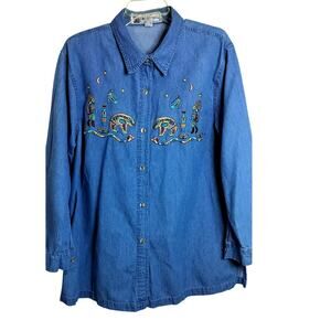 4378)Vtg Passion Denim Aztec Western Embroidery Button Up Long Sleeve Top XL